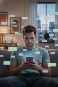 person overwhelmed by long dating app message threads representing the endless messaging trap