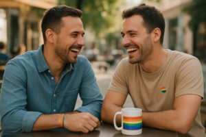 “Two men smiling and laughing during a relaxed outdoor coffee chat, symbolizing natural and respectful flirting on gay dating apps.”