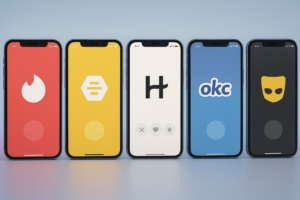 “Smartphones side by side displaying different gay dating app interfaces like Tinder, Bumble, Hinge, and OkCupid, on a clean rainbow gradient background.”