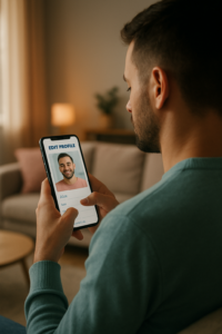 Gay man editing his dating app profile on a smartphone, showing authenticity and confidence while using Tinder or Bumble.