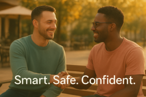 Two gay men meeting in a public café, smiling and greeting each other safely during a first date.