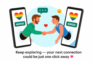 Illustration of a gay man using a dating app safely, with icons for privacy, secure chat, and verified