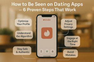 Infographic titled ‘How to Be Seen on Dating Apps — 6 Proven Steps That Work,’ showing a Tinder screen surrounded by six key tips: Optimize Your Profile, Adjust Privacy Settings, Engage at the Right Time, Avoid Mistakes, Understand the Algorithm, and Stay Safe & Authentic.