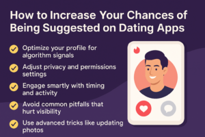 Infographic titled ‘How to Increase Your Dating App Visibility,’ showing a smartphone with Tinder notifications and icons for timing, privacy, profile optimization, and engagement tips.