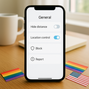 Phone screen with generic privacy toggles: hide distance, control location, block, report.