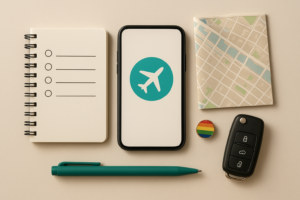 Flat-lay checklist with phone showing a generic travel feature for safer dating while traveling.