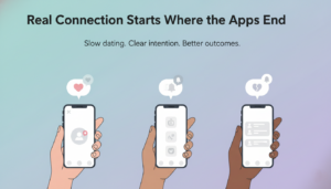 Illustration of three diverse hands holding smartphones with heart icons and dating symbols, accompanied by the headline ‘Real Connection Starts Where the Apps End’, representing Gen Z’s shift from dating apps to intentional offline connection.