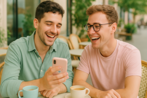 Two gay men seen from behind laughing at an outdoor café, showing emotional connection and authenticity in dating.