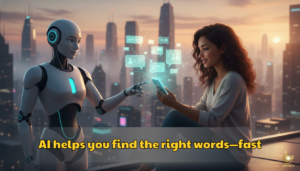 Human using a smartphone with an AI assistant beside them, symbolizing AI helping with first messages on dating apps